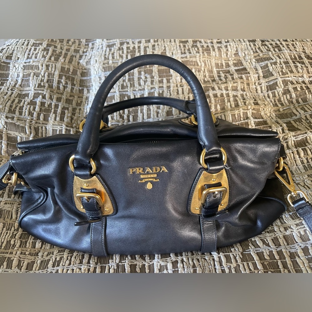 Authentic Prada black leather hand and shoulder bag